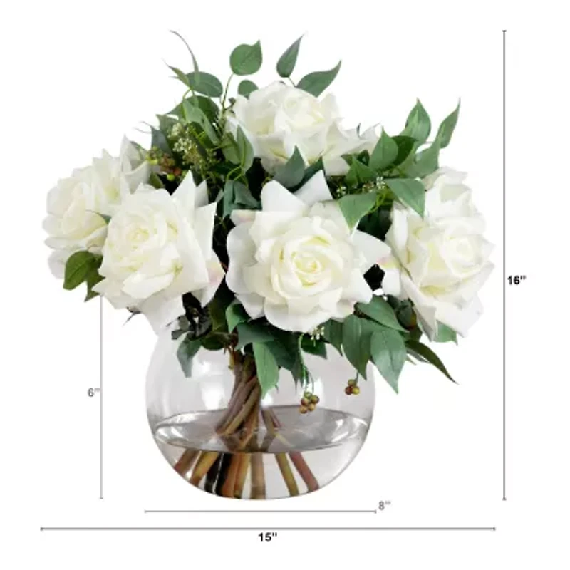 Nearly Natural 16" Roses Mixed Greens Glass Vase Artificial Flowers