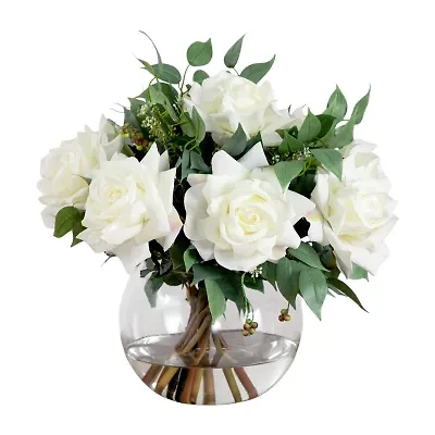 Nearly Natural 16" Roses Mixed Greens Glass Vase Artificial Flowers