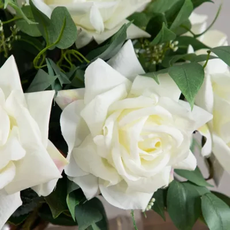 Nearly Natural 16" Roses Mixed Greens Glass Vase Artificial Flowers