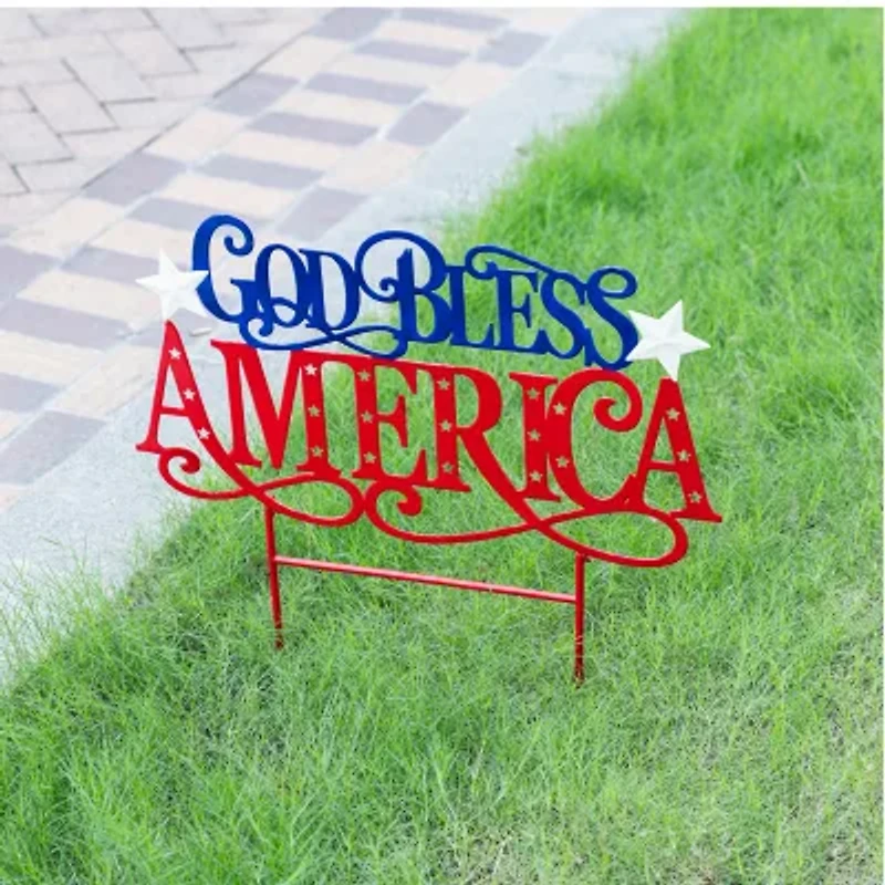Glitzhome 24" Metal God Bless America 4th of July Yard Art