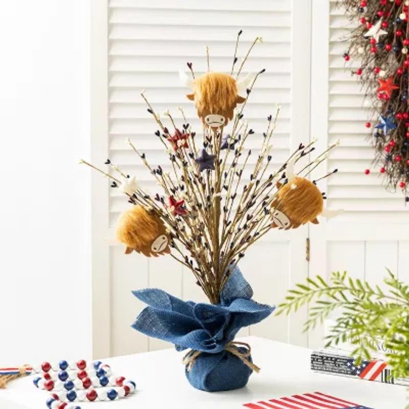 Glitzhome 21" Highland Cow And Berry Tabletop Tree