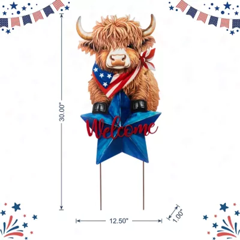 Glitzhome 30" Metal Highland Cow 4th of July Yard Art