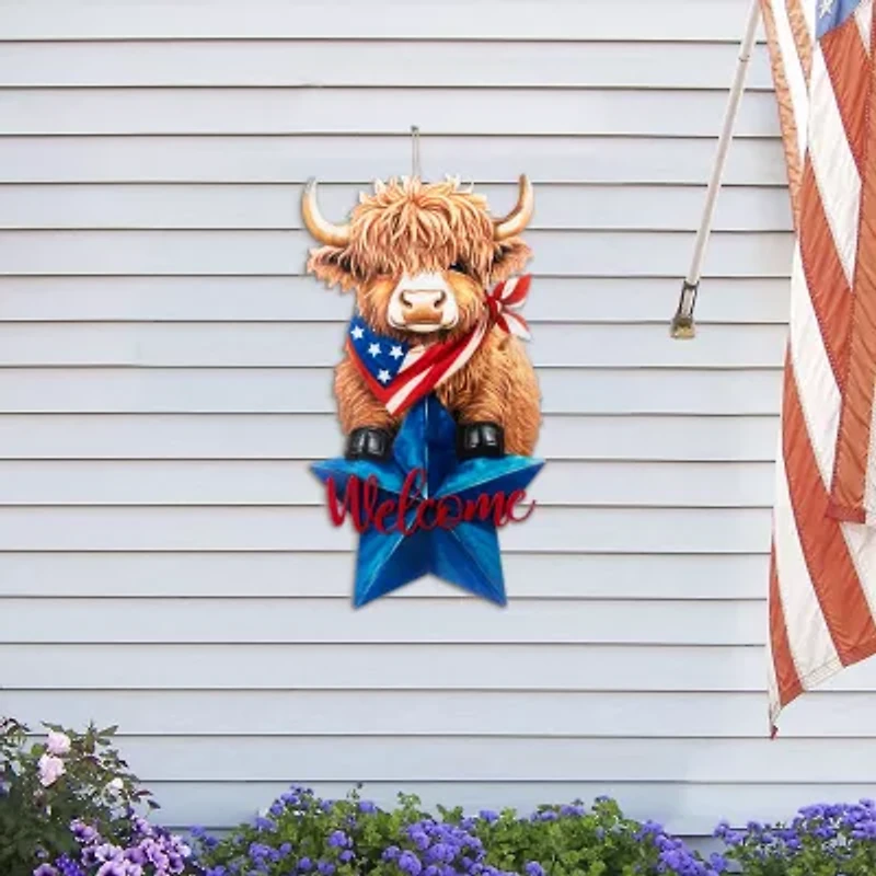 Glitzhome 30" Metal Highland Cow 4th of July Yard Art