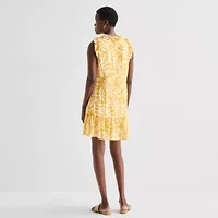 52seven Womens Split Tie Neck Sleeveless Leaf Shift Dress