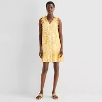 52seven Womens Split Tie Neck Sleeveless Leaf Shift Dress