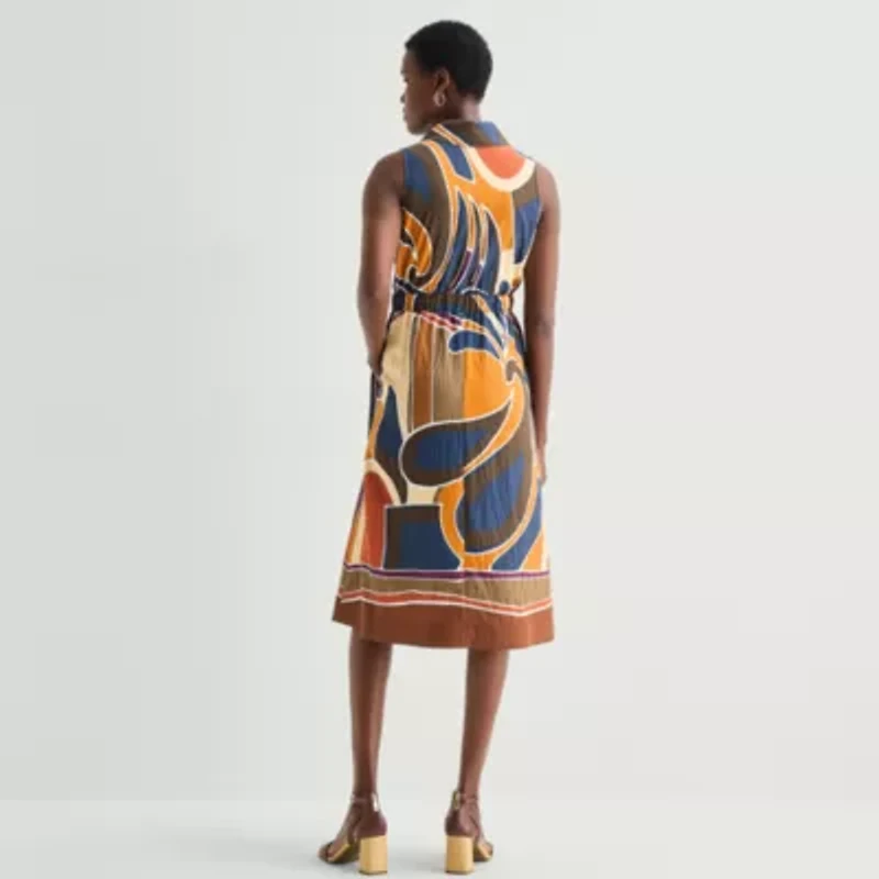 52seven Womens Sleeveless Midi Abstract Shirt Dress