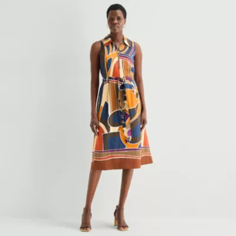 52seven Womens Sleeveless Midi Abstract Shirt Dress