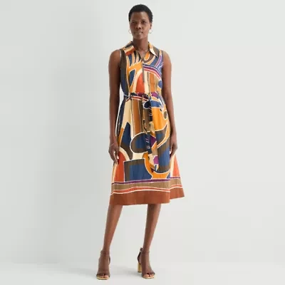 52seven Womens Sleeveless Midi Abstract Shirt Dress