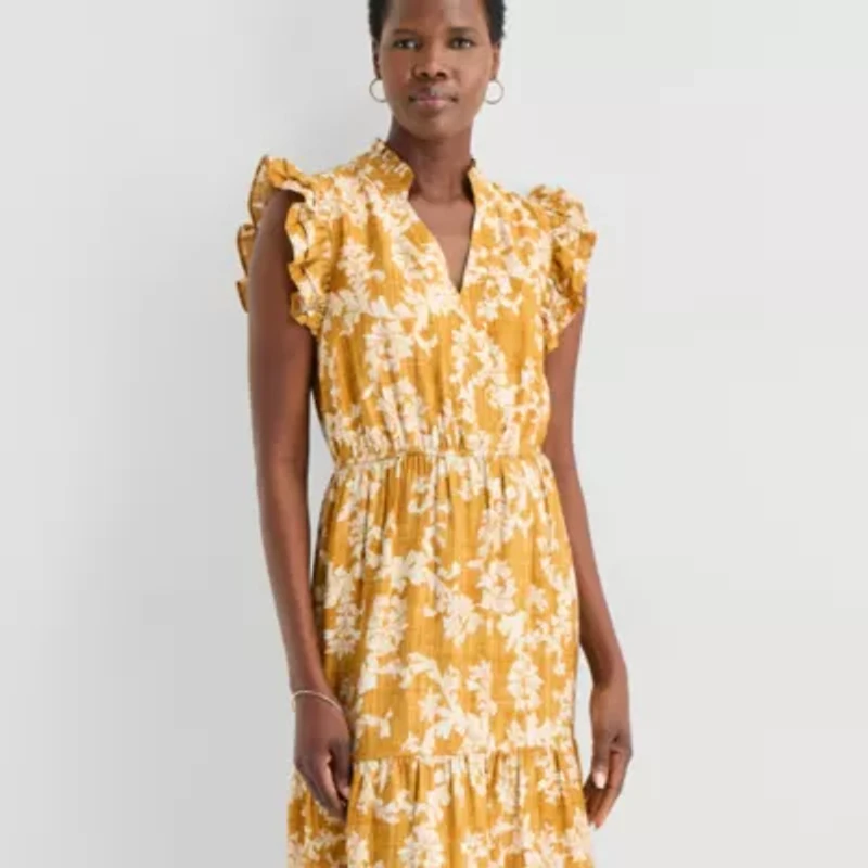 52seven Womens Notch Neck Sleeveless Ruffled Maxi Dress
