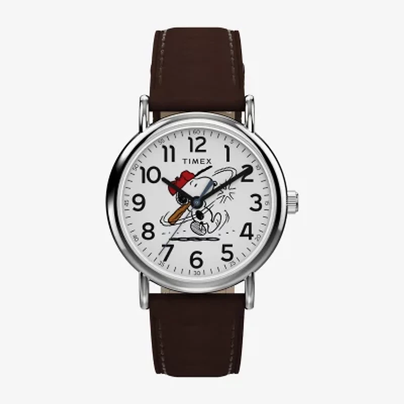 Timex Timex Peanuts Weekender 38mm Baseball Brown Leather Strap Watch Tw2y51500jt Mens Brown Leather Strap Watch Tw2y51500jt