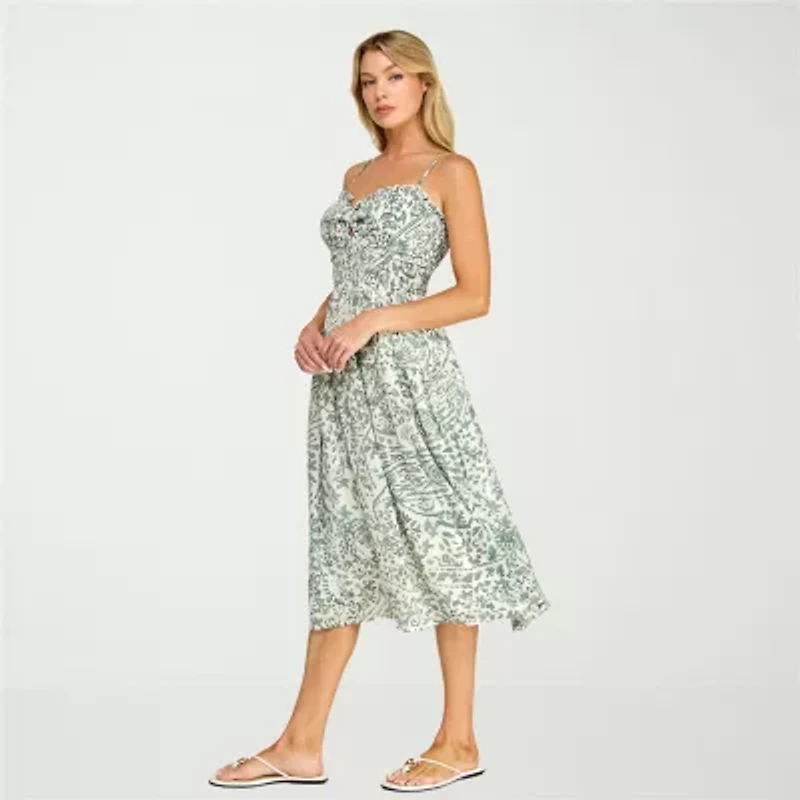 Trixxi Womens Juniors Midi Sleeveless Leaf A-Line Dress