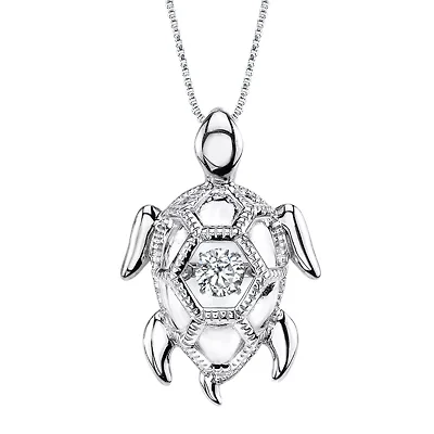 Dancing Cubic Zirconia Sterling Silver Turtle Pendant Necklace