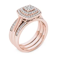 Womens 1/ CT. T.W. Natural White Diamond 10K Rose Gold Cushion Side Stone Halo Bridal Set