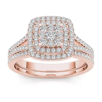 Womens 1/ CT. T.W. Natural White Diamond 10K Rose Gold Cushion Side Stone Halo Bridal Set
