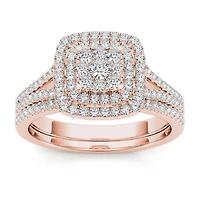 Womens 1/ CT. T.W. Natural White Diamond 10K Rose Gold Cushion Side Stone Halo Bridal Set