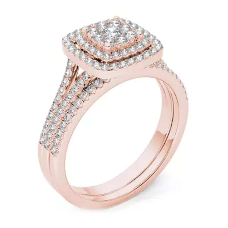 Womens 1/ CT. T.W. Natural White Diamond 10K Rose Gold Cushion Side Stone Halo Bridal Set