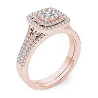Womens 1/ CT. T.W. Natural White Diamond 10K Rose Gold Cushion Side Stone Halo Bridal Set