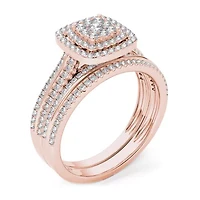Womens 1/2 CT. T.W. Natural White Diamond 10K Rose Gold Cushion Side Stone Halo Bridal Set