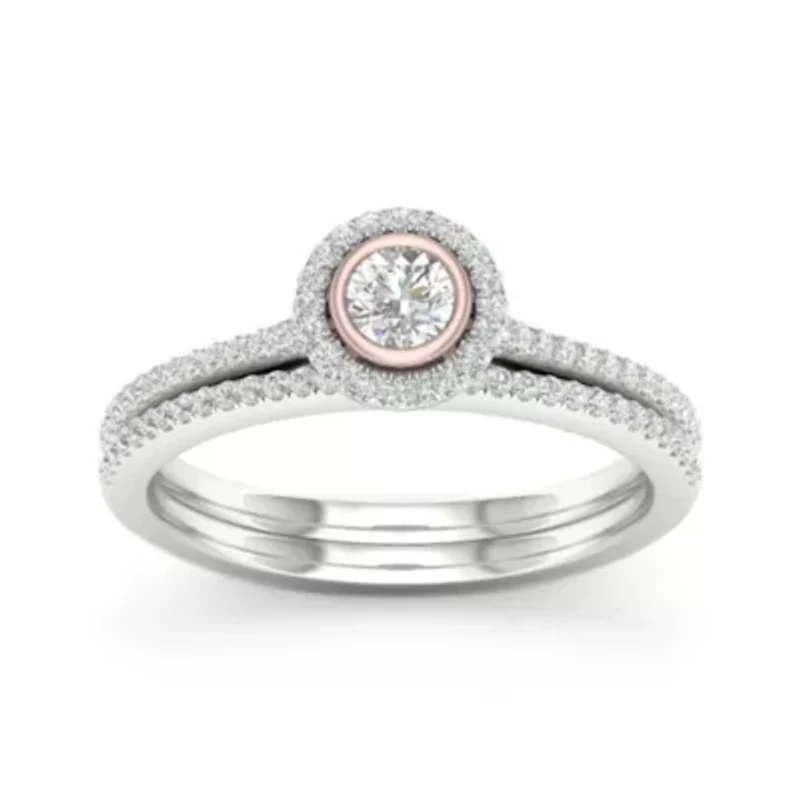 Womens 3/8 CT. T.W. Natural White Diamond 10K Two Tone Gold Round Side Stone Halo Bridal Set