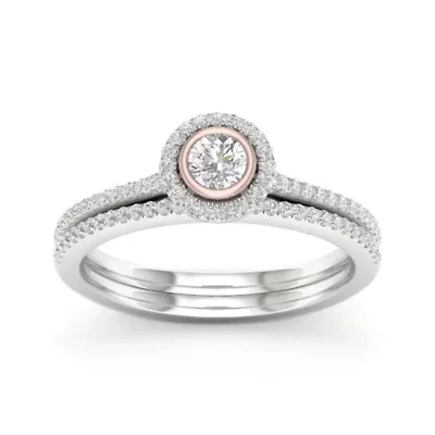Womens 3/8 CT. T.W. Natural White Diamond 10K Two Tone Gold Round Side Stone Halo Bridal Set