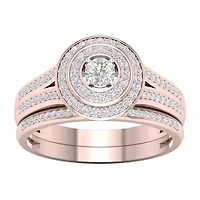 Womens 1/3 CT. T.W. Natural White Diamond 10K Rose Gold Round Side Stone Halo Bridal Set