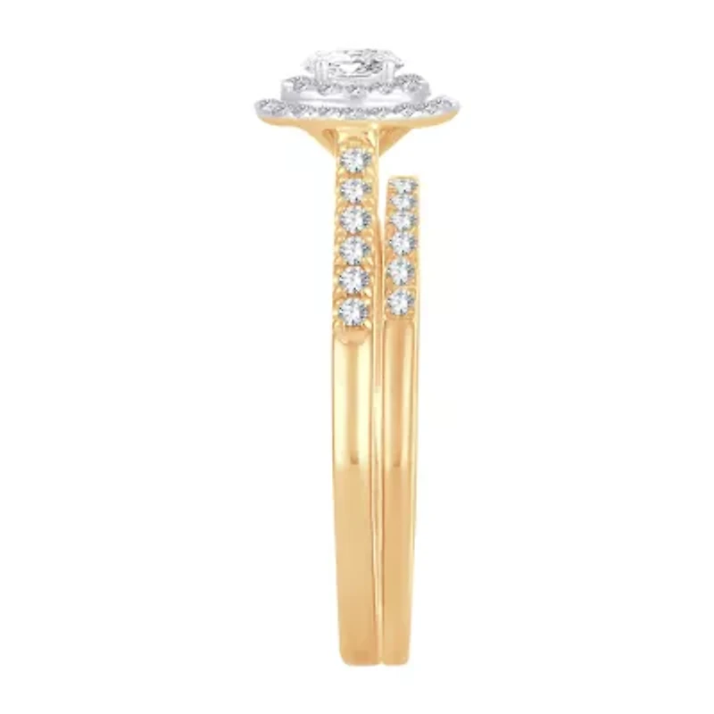 Womens 1/2 CT.T.W. Natural Diamond 10K or 14K Gold Oval Side Stone Halo Bridal Set