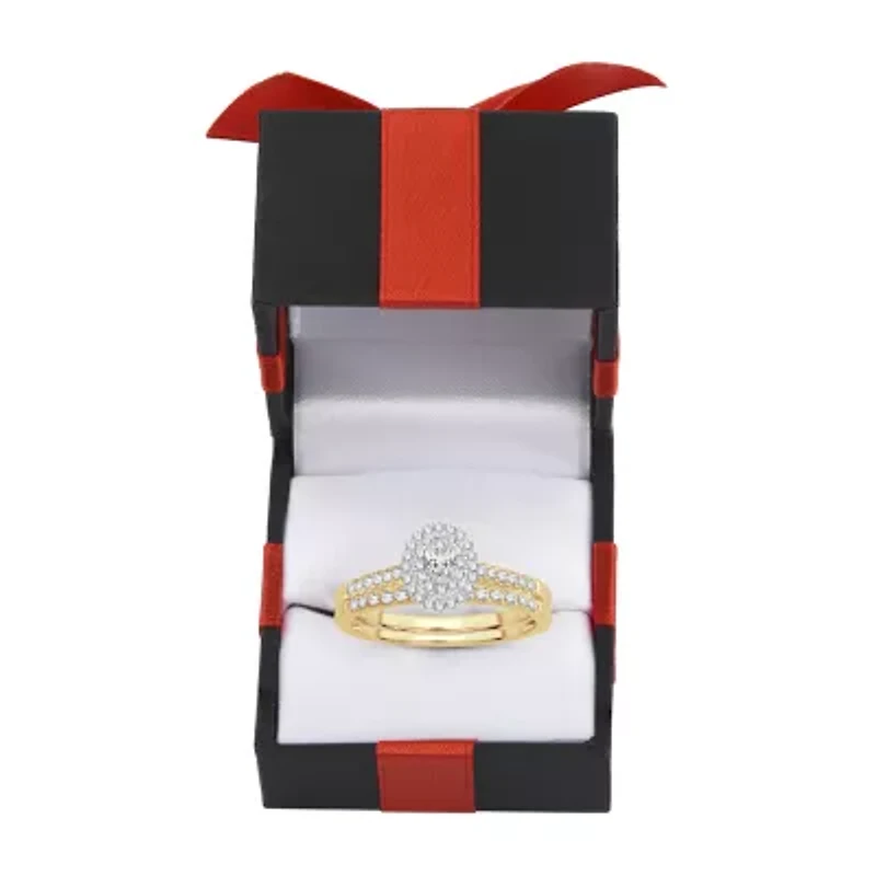 Womens 1/2 CT.T.W. Natural Diamond 10K or 14K Gold Oval Side Stone Halo Bridal Set
