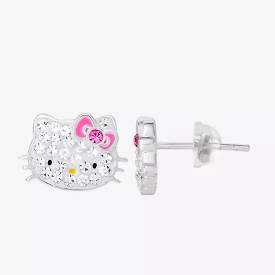 Girls White Crystal Sterling Silver 8.1mm Hello Kitty Hoop Earrings