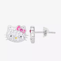 Girls White Crystal Sterling Silver 8.1mm Hello Kitty Hoop Earrings