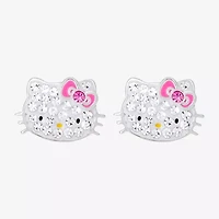 Girls White Crystal Sterling Silver 8.1mm Hello Kitty Hoop Earrings
