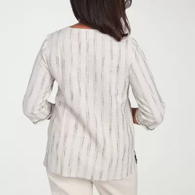 Alfred Dunner Natural Instinct Womens Split Crew Neck 3/4 Sleeve Embroidered Blouse