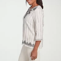 Alfred Dunner Natural Instinct Womens Split Crew Neck 3/4 Sleeve Embroidered Blouse