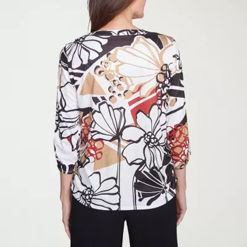 Alfred Dunner Natural Instinct Womens Split Crew Neck 3/4 Sleeve Stretch Fabric T-Shirt