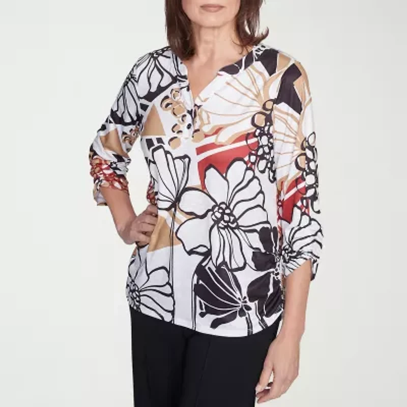 Alfred Dunner Natural Instinct Womens Crew Neck 3/4 Sleeve Stretch Fabric T-Shirt