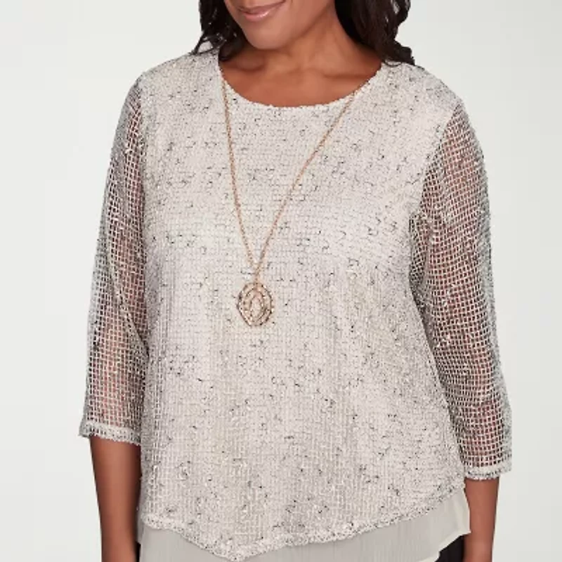 Alfred Dunner Natural Instinct Womens Crew Neck 3/4 Sleeve Blouse