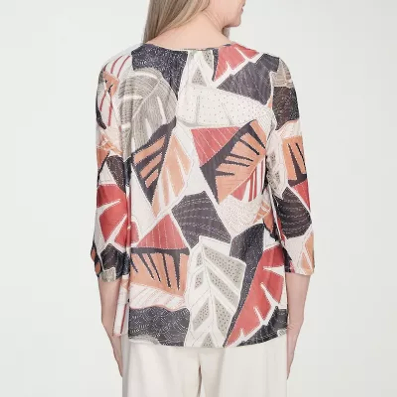 Alfred Dunner Natural Instinct Womens Crew Neck 3/4 Sleeve Stretch Fabric T-Shirt