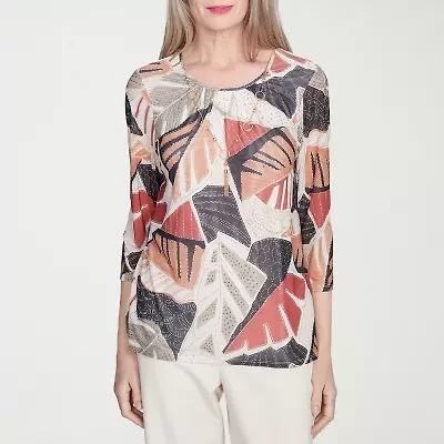 Alfred Dunner Natural Instinct Womens Crew Neck 3/4 Sleeve Stretch Fabric T-Shirt