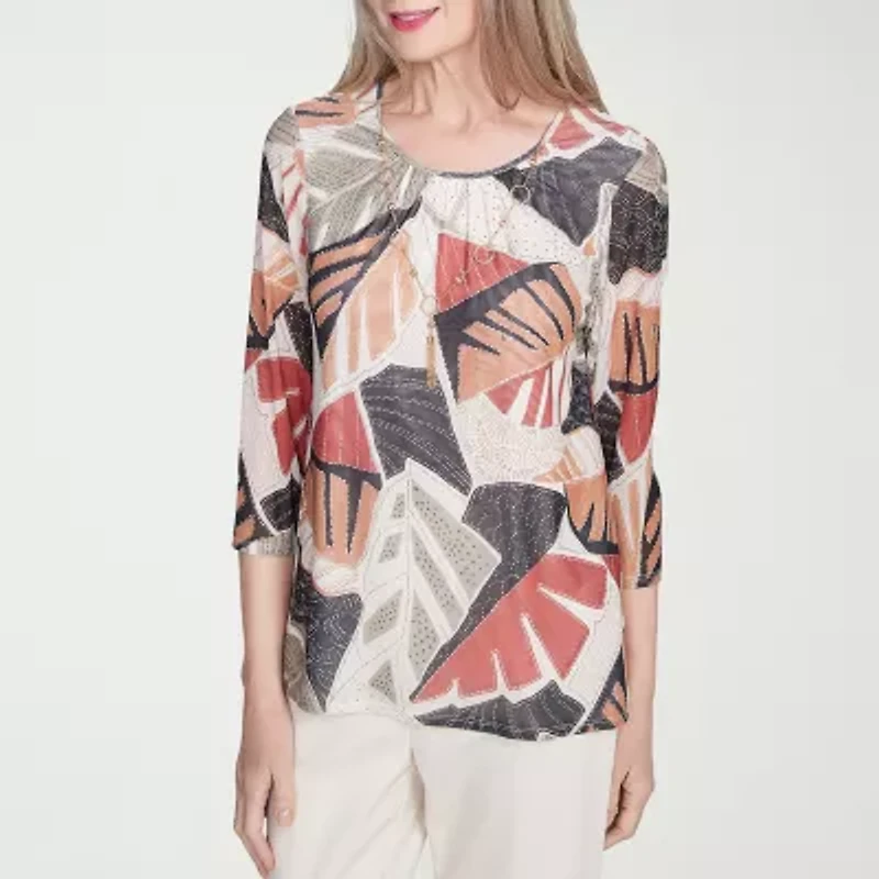 Alfred Dunner Natural Instinct Womens Crew Neck 3/4 Sleeve Stretch Fabric T-Shirt