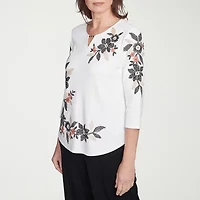 Alfred Dunner Natural Instinct Womens Split Crew Neck 3/4 Sleeve T-Shirt