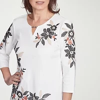 Alfred Dunner Natural Instinct Womens Split Crew Neck 3/4 Sleeve T-Shirt