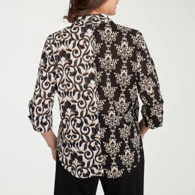 Alfred Dunner Natural Instinct Womens 3/4 Sleeve Cuffed Button-Down Shirt