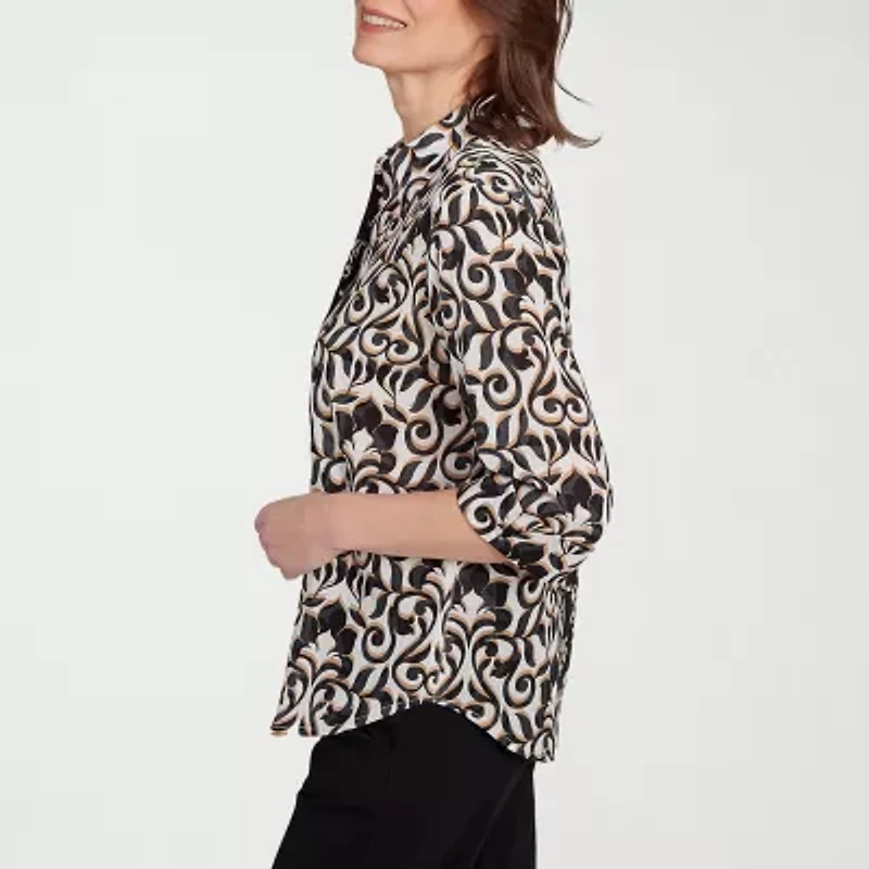 Alfred Dunner Natural Instinct Womens 3/4 Sleeve Cuffed Button-Down Shirt