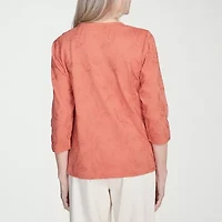 Alfred Dunner Natural Instinct Womens Crew Neck 3/4 Sleeve Embroidered Blouse