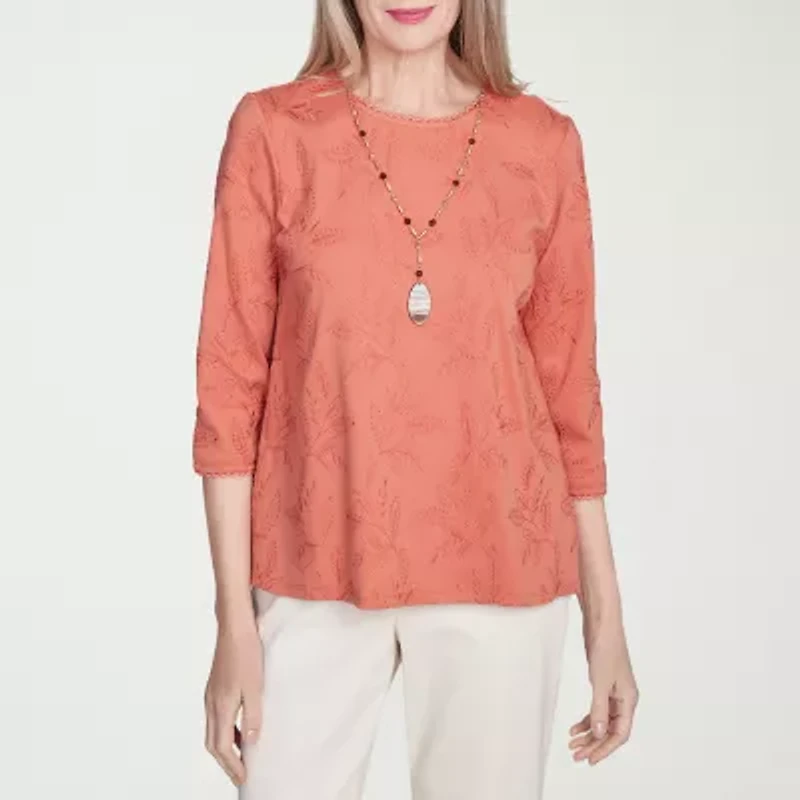 Alfred Dunner Natural Instinct Womens Crew Neck 3/4 Sleeve Embroidered Blouse
