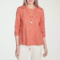 Alfred Dunner Natural Instinct Womens Crew Neck 3/4 Sleeve Embroidered Blouse
