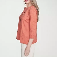 Alfred Dunner Natural Instinct Womens Crew Neck 3/4 Sleeve Embroidered Blouse