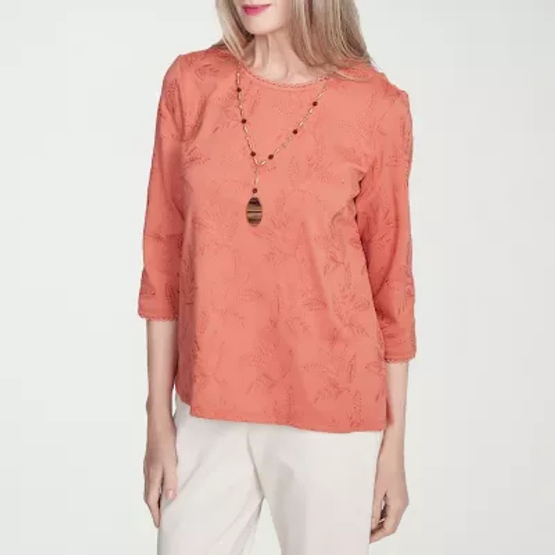Alfred Dunner Natural Instinct Womens Crew Neck 3/4 Sleeve Embroidered Blouse