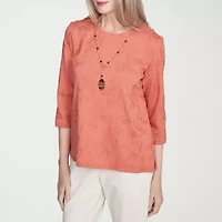 Alfred Dunner Natural Instinct Womens Crew Neck 3/4 Sleeve Embroidered Blouse