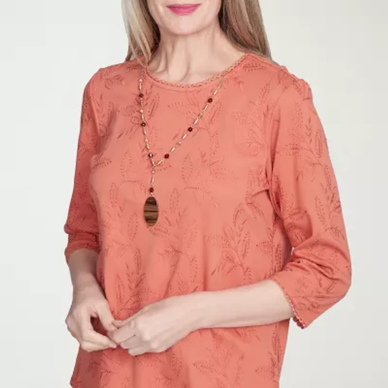 Alfred Dunner Natural Instinct Womens Crew Neck 3/4 Sleeve Embroidered Blouse