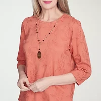 Alfred Dunner Natural Instinct Womens Crew Neck 3/4 Sleeve Embroidered Blouse